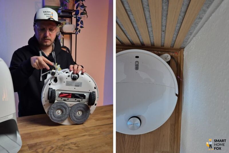 Die gewölbte Seitenbürste des Roborock Qrevo Curv 2 Pro ist im Test in der Eckenreinigung zu sehen.